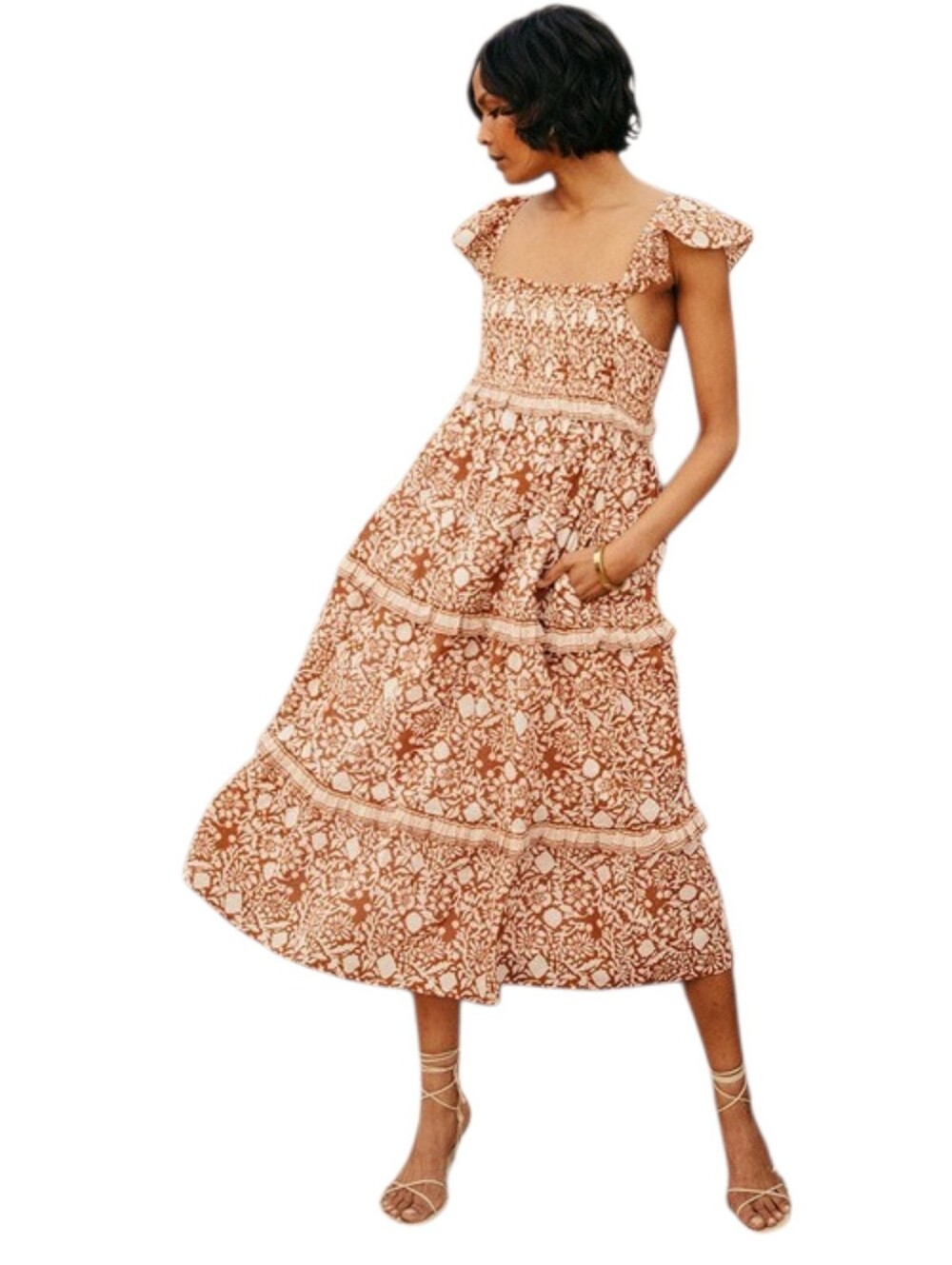 Cleobella Frida Terra-Cream Floral Tiered Midi Dress XS